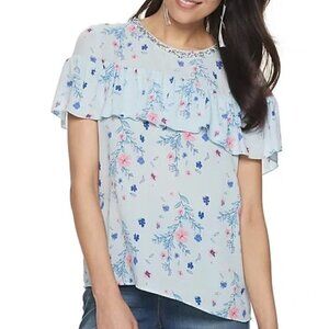 Juicy Couture Blue floral blouse with ruffle detail and rhinestone neckline